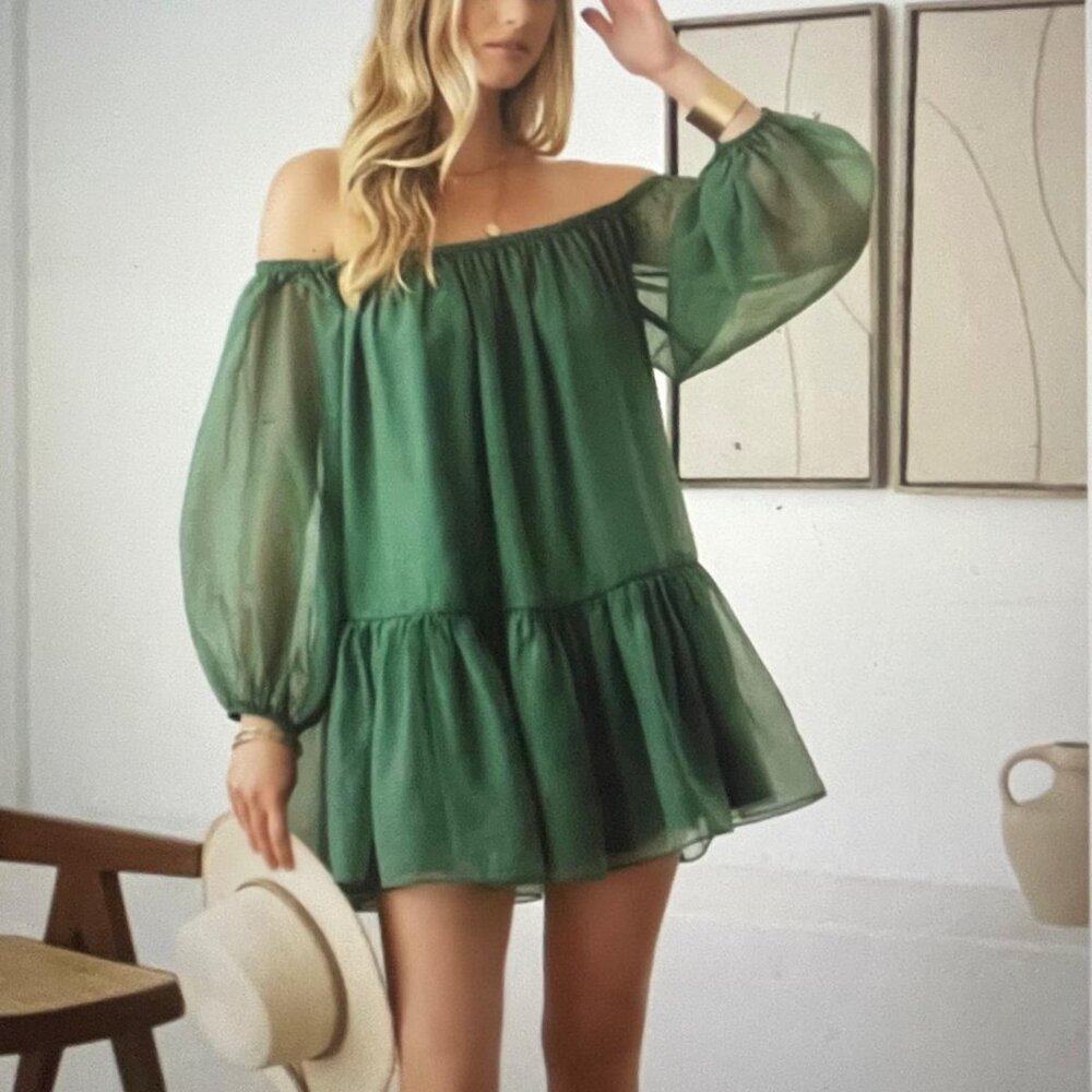 Off-Shoulder Puff Sleeve Organza Mini Dress, in Green